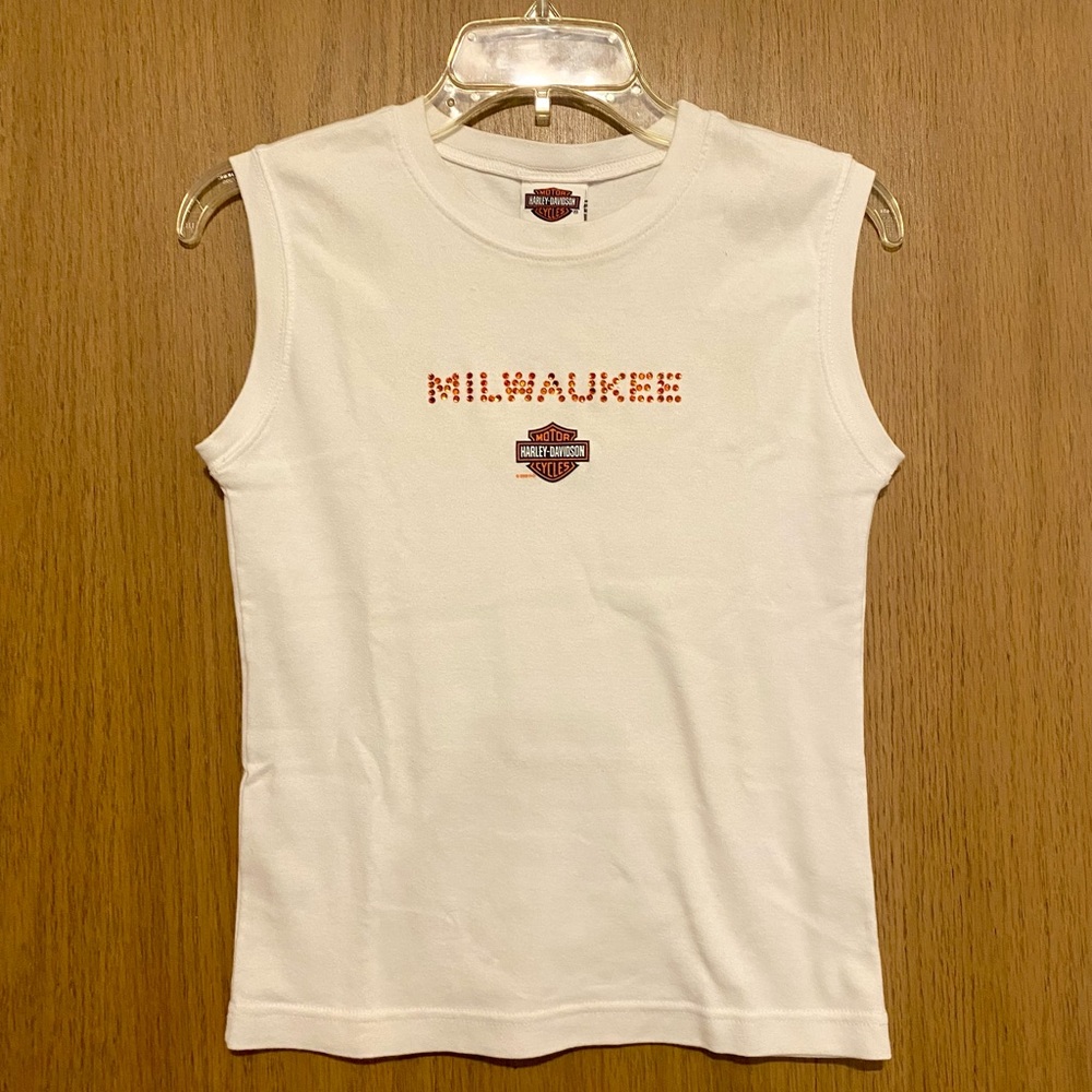 Harley-Davidson White Tank Top with Orange Milwaukee Glitter Text
